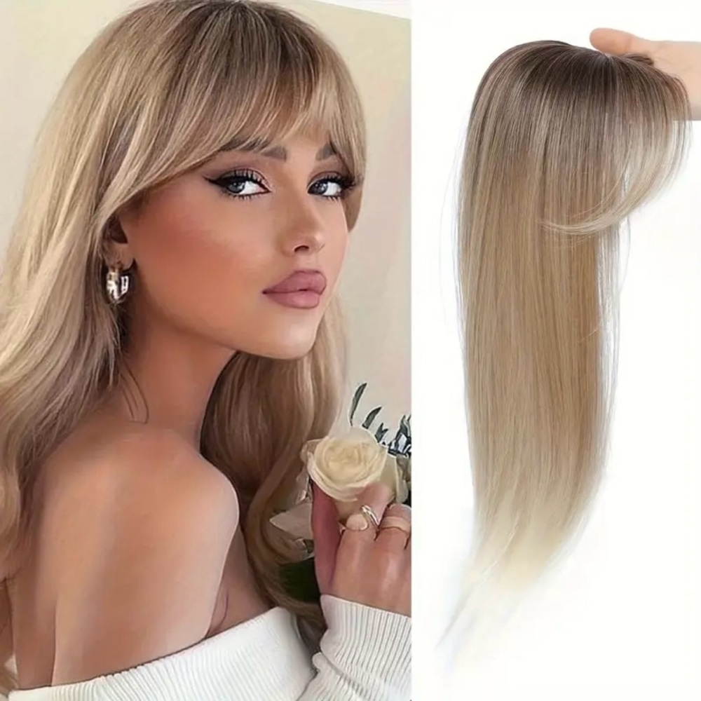Ombré Blonde Hair with Brown Roots 18” Clip-In Bangs and Extension